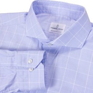 Emanuel Berg Modern Fit Mens L XL 17 Light Blue Check Cutaway Dress Shirt Cotton